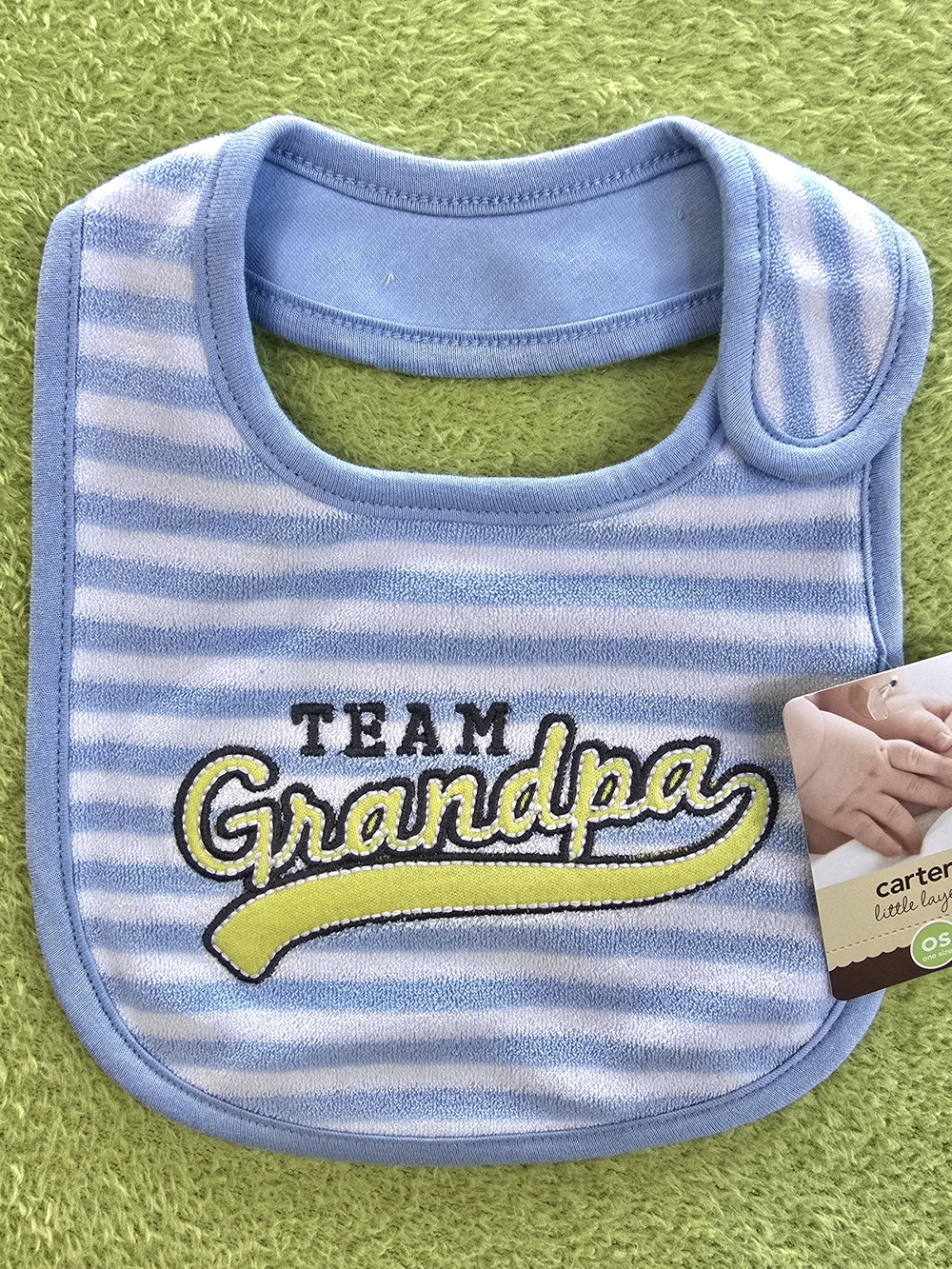 NWT Baby BOYS - CARTERS BIB - TEAM GRANDPA - BLUE & WHITE STRIPED TERRY (M2)